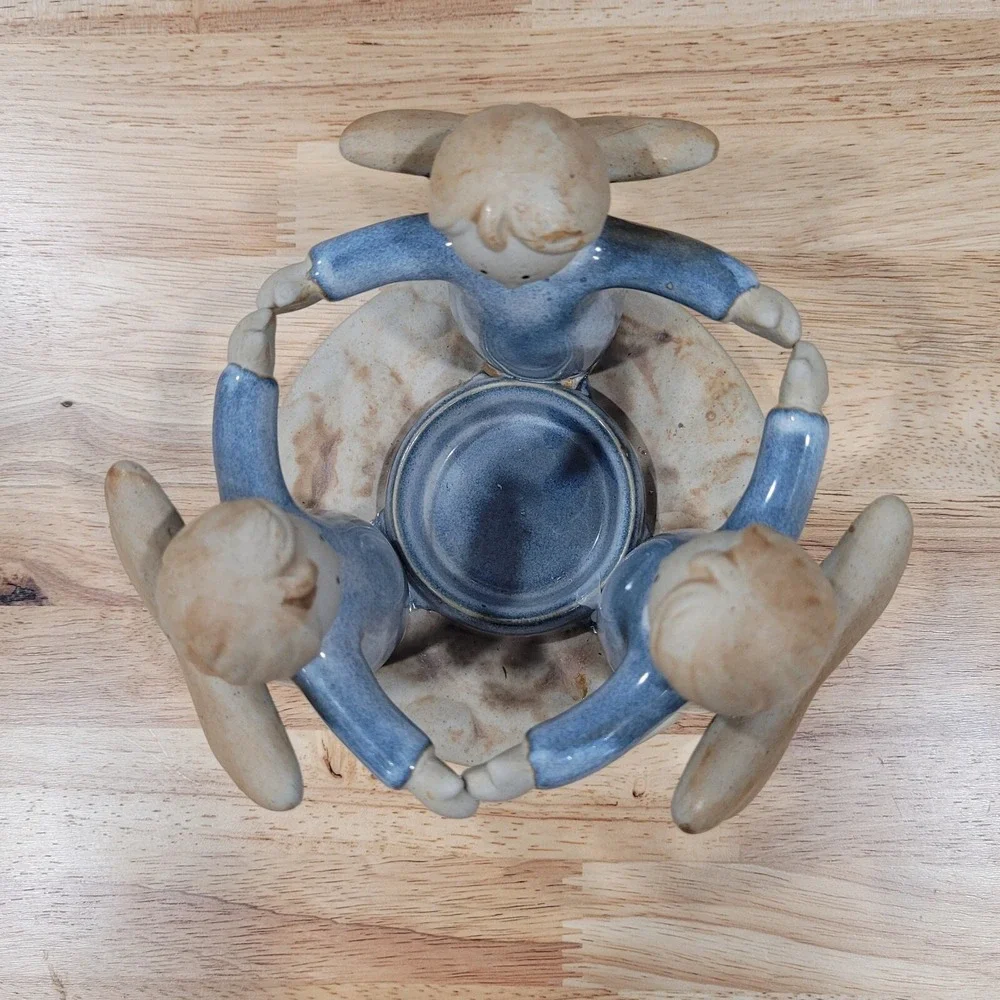 Vintage Angel Candle Holder Porcelain Figurine Blue Winged Cherub 3 Angels
